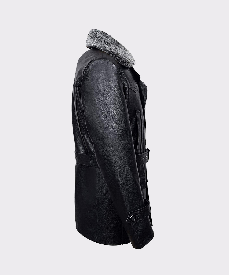 German Pea Coat Brown Furr Mens Classic Reefer Military Hide Leather Jacket 