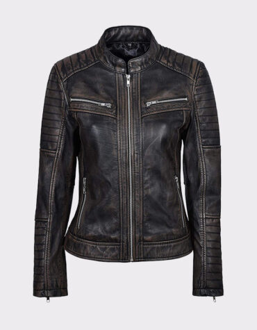 Black Rub Off Biker Style Real Lambskin Leather Jacket