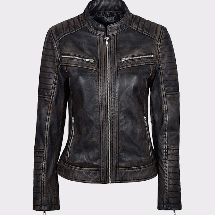 Black Rub Off Biker Style Real Lambskin Leather Jacket