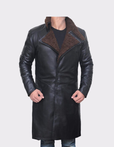 Black Shearling Leather Trench Coat Mens