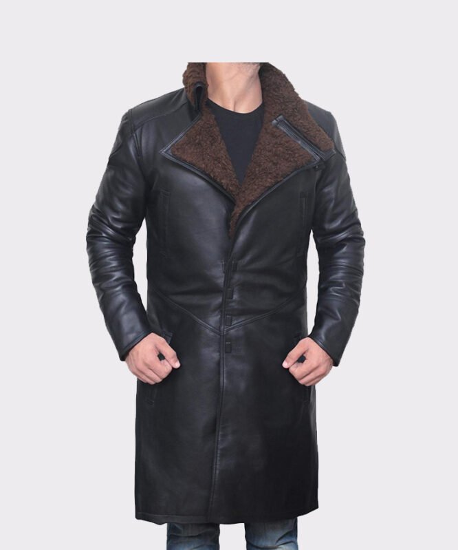 Black Shearling Leather Trench Coat Mens