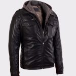 Men's Black Bomber Lambskin Real Leather Jacket with Removable Hood: A Timeless Classic for All Seasons