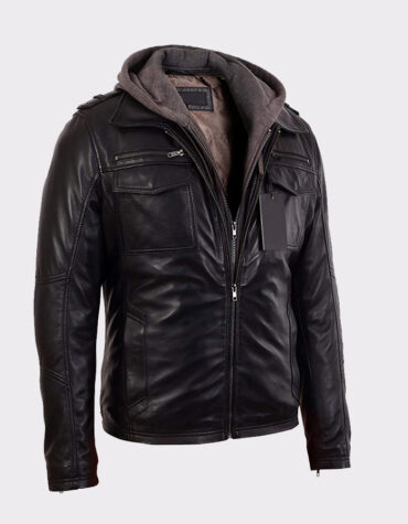 Mens Black Bomber Lambskin Real Leather Jacket with Hood