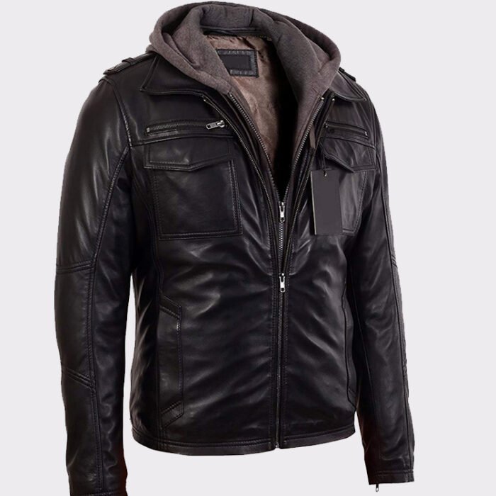 Mens Black Bomber Lambskin Real Leather Jacket with Hood