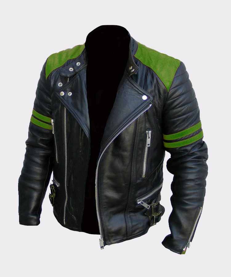 Green Bomber Men's Studded Leather Jacket - Mready