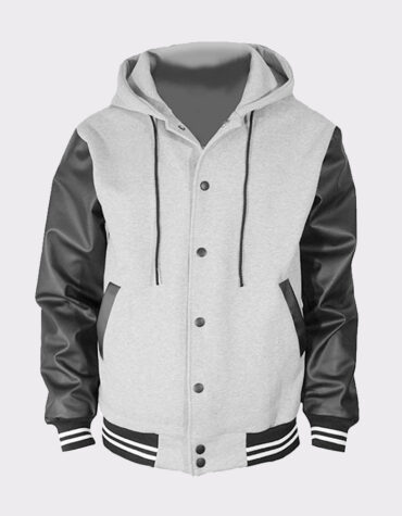 Men's Hoodie Faux Leather Cotton Baseball Varsity Jacket Gray