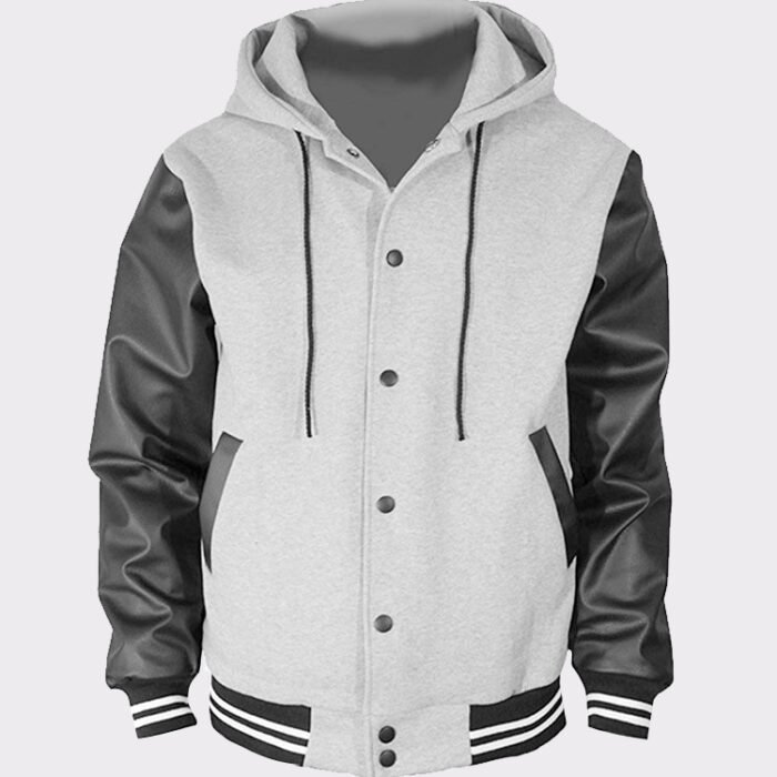 Men's Hoodie Faux Leather Cotton Baseball Varsity Jacket Gray