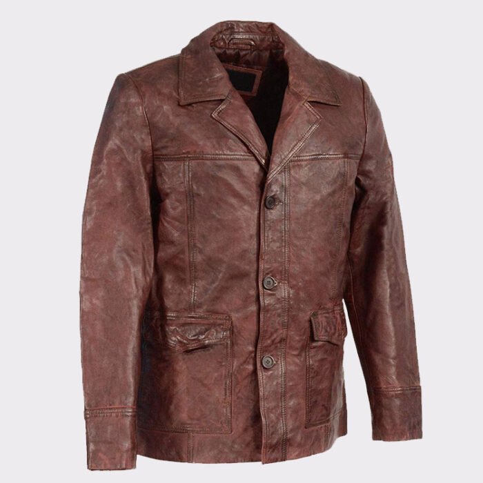 Men's Leather Car Coat Jacket w-Button Front