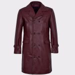 Men's Long Cherry Burgundy Leather Jacket Coat - Elegant Statement Piece
