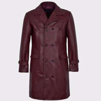 Men's Long Cherry Burgundy Leather Jacket Coat