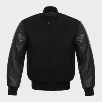 Solid Black Varsity Letterman Wool and Genuine Leather Sleeves Jacket