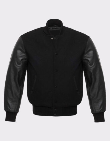 Solid Black Varsity Letterman Wool and Genuine Leather Sleeves Jacket