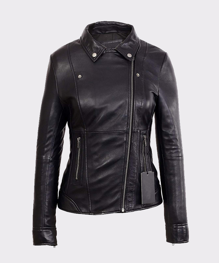 Women's Black Mid Length Asymmetrical Lambskin Real Leather Jacket