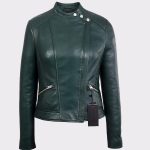 VerdeVibe Women's Green Quilted Shoulder Moto Fashion Lambskin Real Leather Jacket