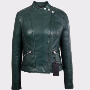 Womens Green Quilted Shoulder Moto Fashion Lambskin Real Leather Jacket