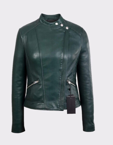 Womens Green Quilted Shoulder Moto Fashion Lambskin Real Leather Jacket