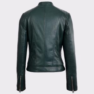 Womens Green Quilted Shoulder Moto Fashion Lambskin Real Leather Jacket