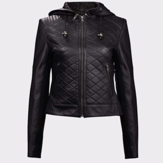 Black Leather jacket Motorcycle Jacket with Hoodie