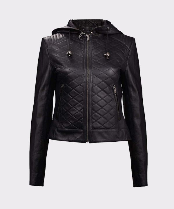 Womens Leather Quilted Motorcycle Jacket with Hoodie Black-Removable Hood