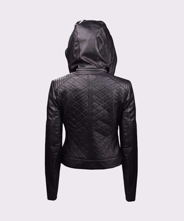 Womens Leather Quilted Motorcycle Jacket with Hoodie Black-Removable Hood