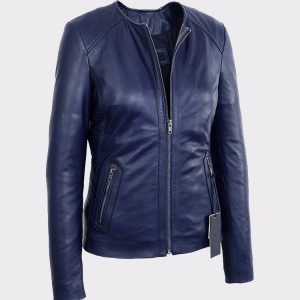 Womens Midnight Blue Collarless Lambskin Real Leather Jacket