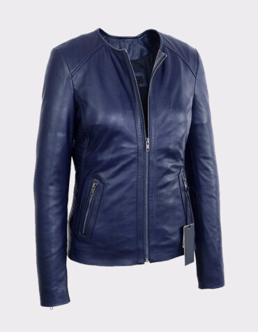 Womens Midnight Blue Collarless Lambskin Real Leather Jacket