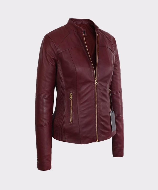 Womens Moto Burgundy Lambskin Real Leather Jacket