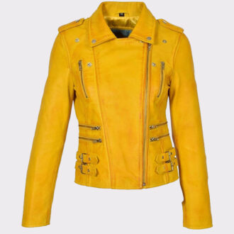 Womens Yellow Leather Jackets Motorcycle Bomber Biker