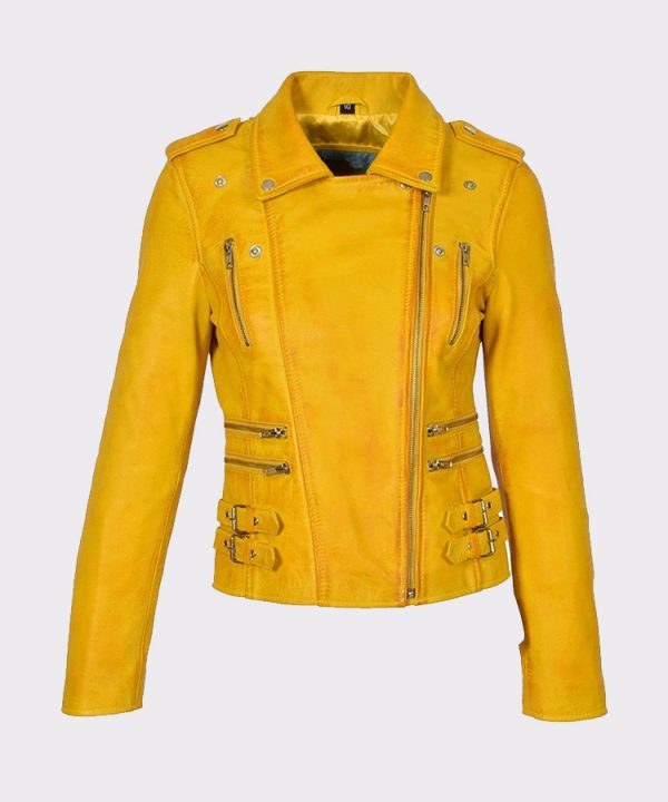 Womens Yellow Leather Jackets Motorcycle Bomber Biker