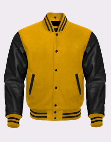 Yellow Wool and Genuine Black Leather Sleeves Baseball Jacket