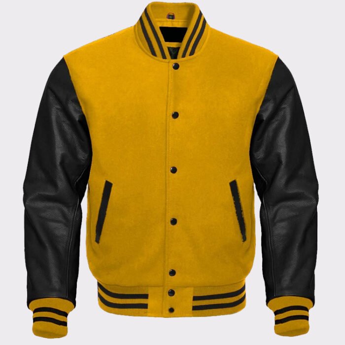 Yellow Wool and Genuine Black Leather Sleeves Baseball Jacket