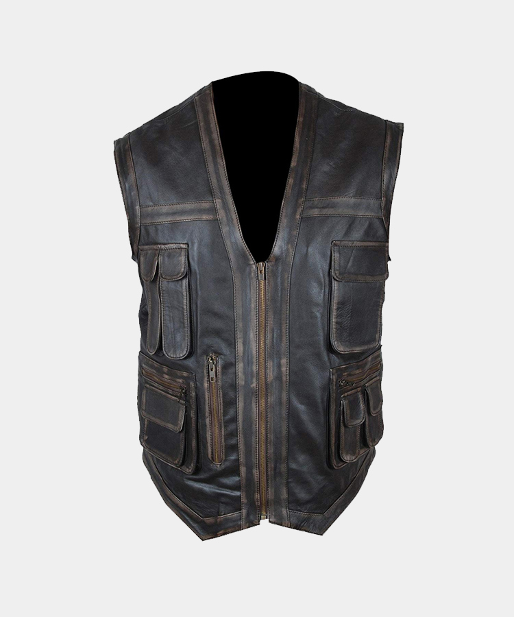 Mens Jurassic World Chris Pratt Owen Grady Genuine Distressed Leather Vest