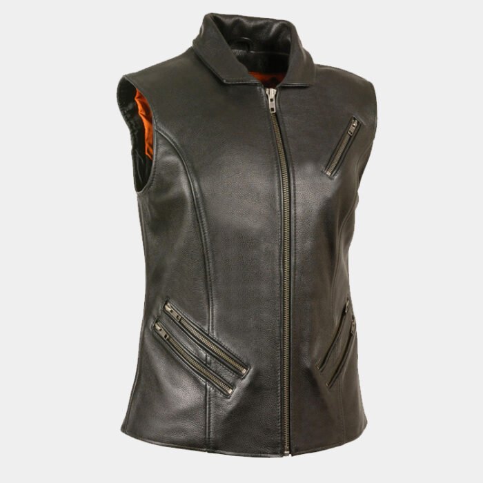 Leather Women's Extra Long Zipper Front Vest