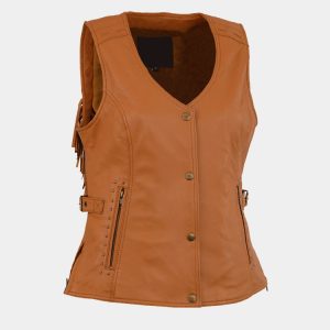 Leather Women's Saddle Tan Fringe Snap Front Vest