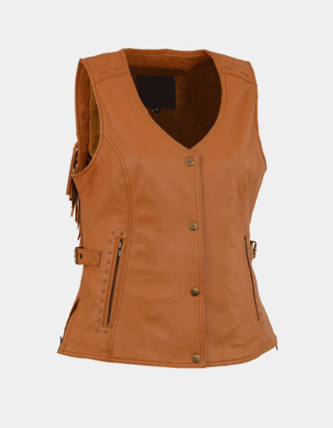 Leather Women's Saddle Tan Fringe Snap Front Vest