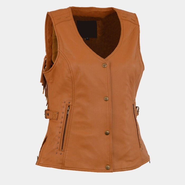 Leather Women's Saddle Tan Fringe Snap Front Vest