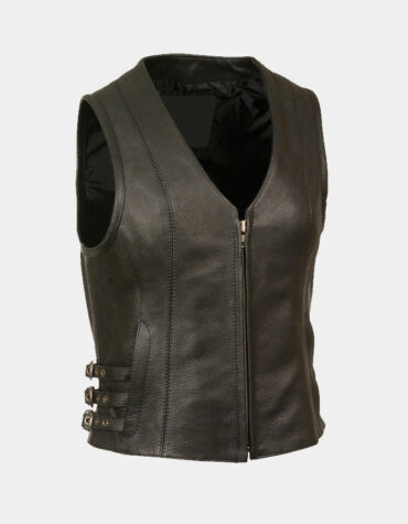 Leather Women's V Neck Zipper Front Side Buckle Vest