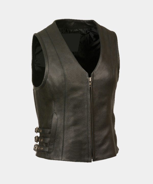 Leather Women's V Neck Zipper Front Side Buckle Vest