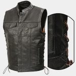 Mens Leather Club Style Vest Brown Side Lace, Concealed Gun Pockets