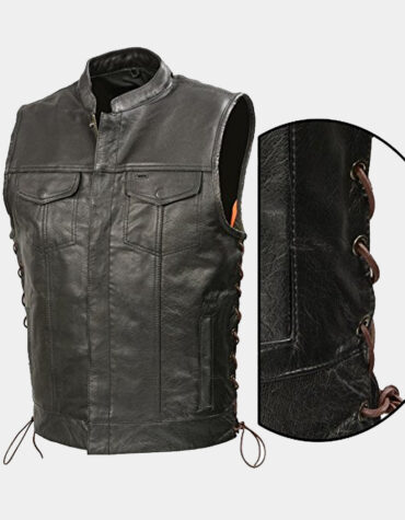 Mens Leather Club Style Vest Brown Side Lace, Concealed Gun Pockets
