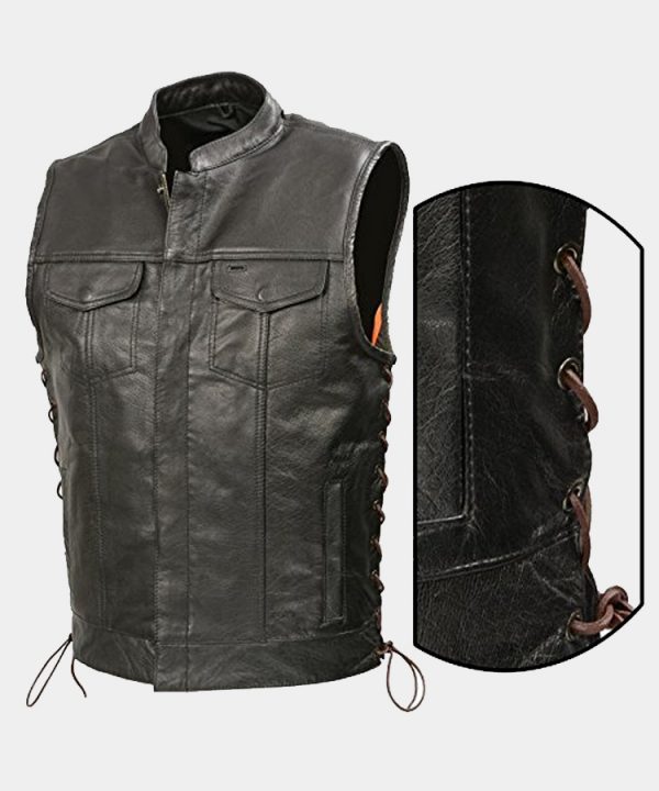 Mens Leather Club Style Vest Brown Side Lace, Concealed Gun Pockets