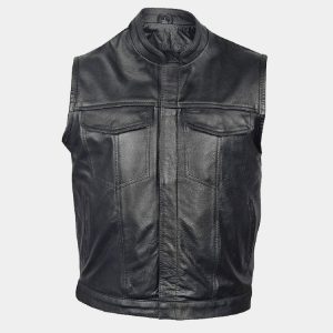 Mens Leather Club Style Vest, Concealed Gun Pockets
