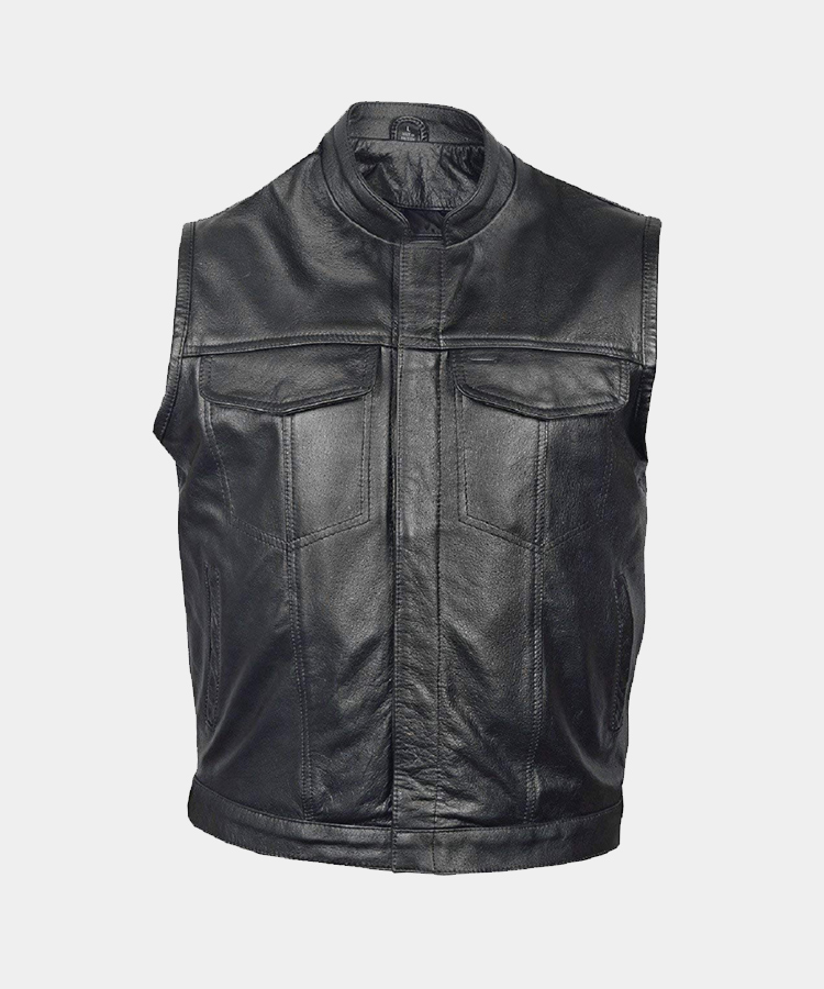 Mens Leather Club Style Vest, Concealed Gun Pockets