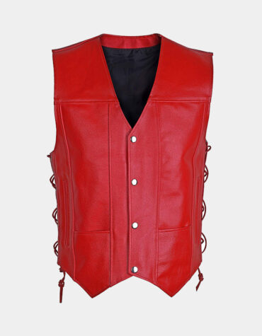 Men`s Motorcycle Biker Red Vest Genuine Cowhide Leather Black