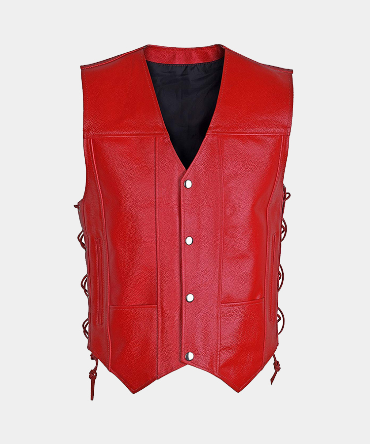Men's Motorcycle Biker Red Vest Genuine Cowhide Leather Black | Free