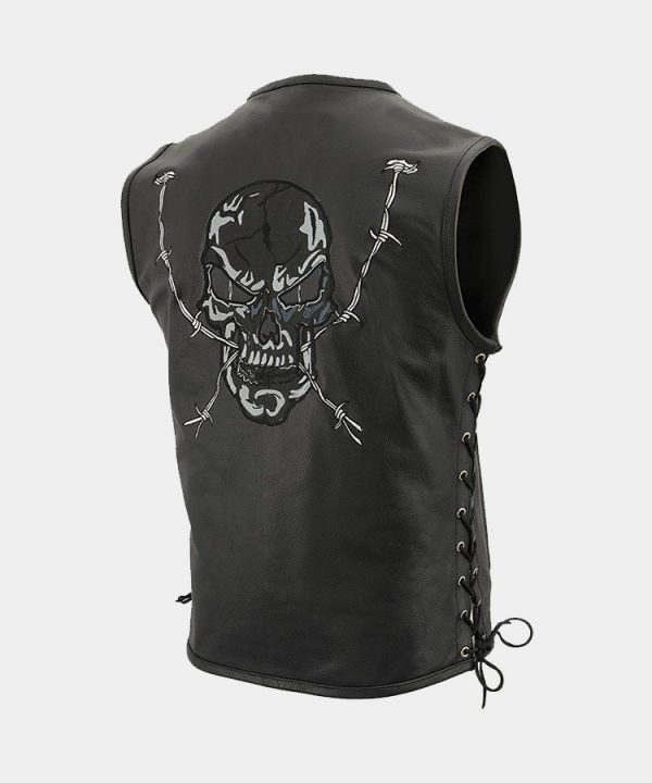Men's Zipper Front Side Lace Leather Vest w-Reflective Skulls