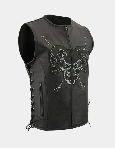 Men's Zipper Front Side Lace Leather Vest w-Reflective Skulls