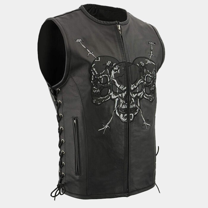 Men's Zipper Front Side Lace Leather Vest w-Reflective Skulls