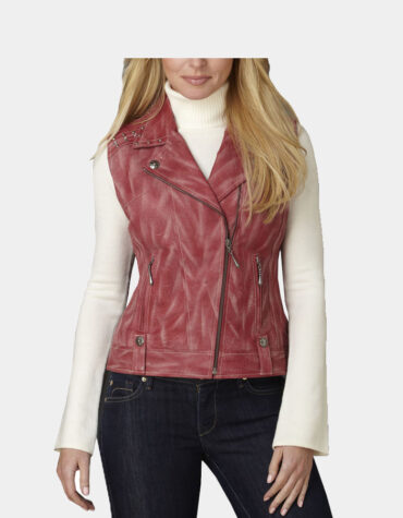 Women's Distressed Red Studded Leather Moto Vest