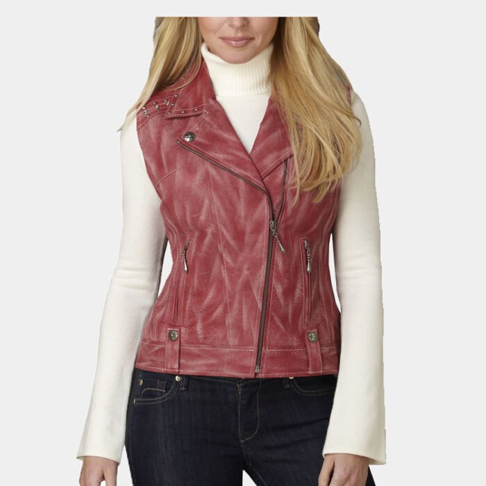 Women's Distressed Red Studded Leather Moto Vest